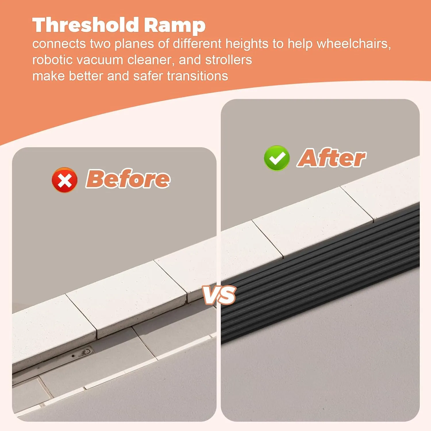 Storystore Threshold Ramps for Doorways, 2'' Wide x 6.6 FT Self-Adhesive Rubber Wheelchair Threshold Ramp, 2/5 Inch Rise Door Thresholds Strip for Wheelchair Stroller Scooter Reducer (Black)