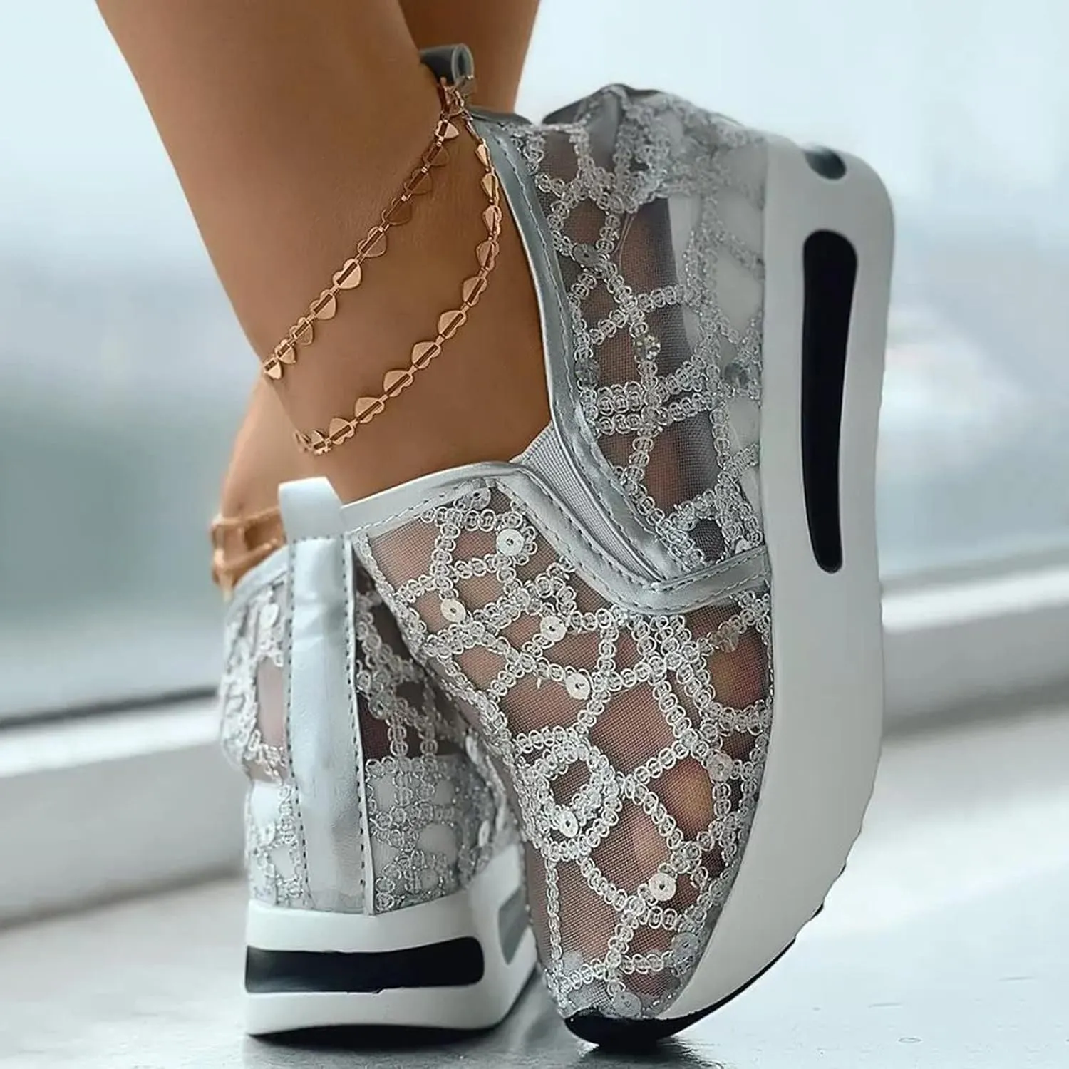 Summer Womens Sneakers Dressy Platform Wedge Sneakers Breathable Floral Embroidery Sheer Mesh Lace Sneaker Fashion Slip On Orthopedic Shoes with Arch Support Casual Walking Shoes