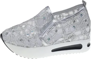 Summer Womens Sneakers Dressy Platform Wedge Sneakers Breathable Floral Embroidery Sheer Mesh Lace Sneaker Fashion Slip On Orthopedic Shoes with Arch Support Casual Walking Shoes