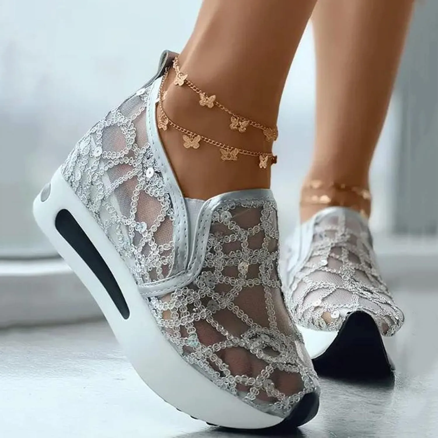 Summer Womens Sneakers Dressy Platform Wedge Sneakers Breathable Floral Embroidery Sheer Mesh Lace Sneaker Fashion Slip On Orthopedic Shoes with Arch Support Casual Walking Shoes