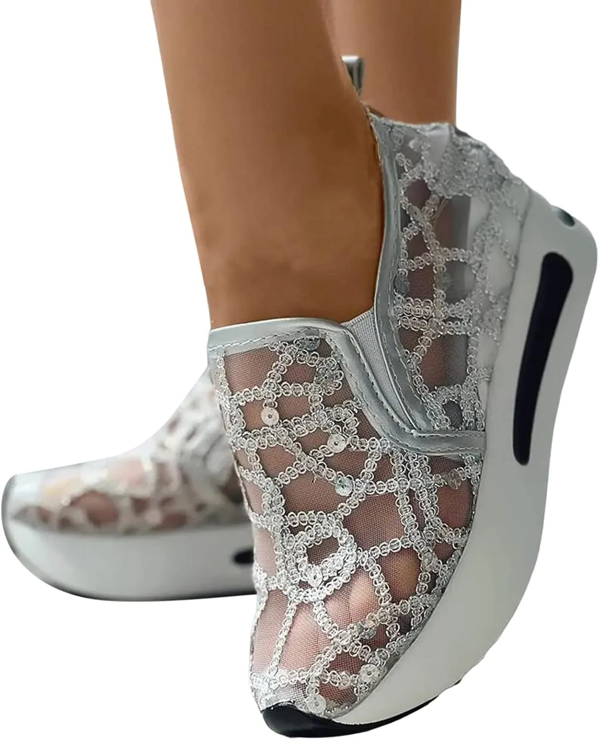 Summer Womens Sneakers Dressy Platform Wedge Sneakers Breathable Floral Embroidery Sheer Mesh Lace Sneaker Fashion Slip On Orthopedic Shoes with Arch Support Casual Walking Shoes
