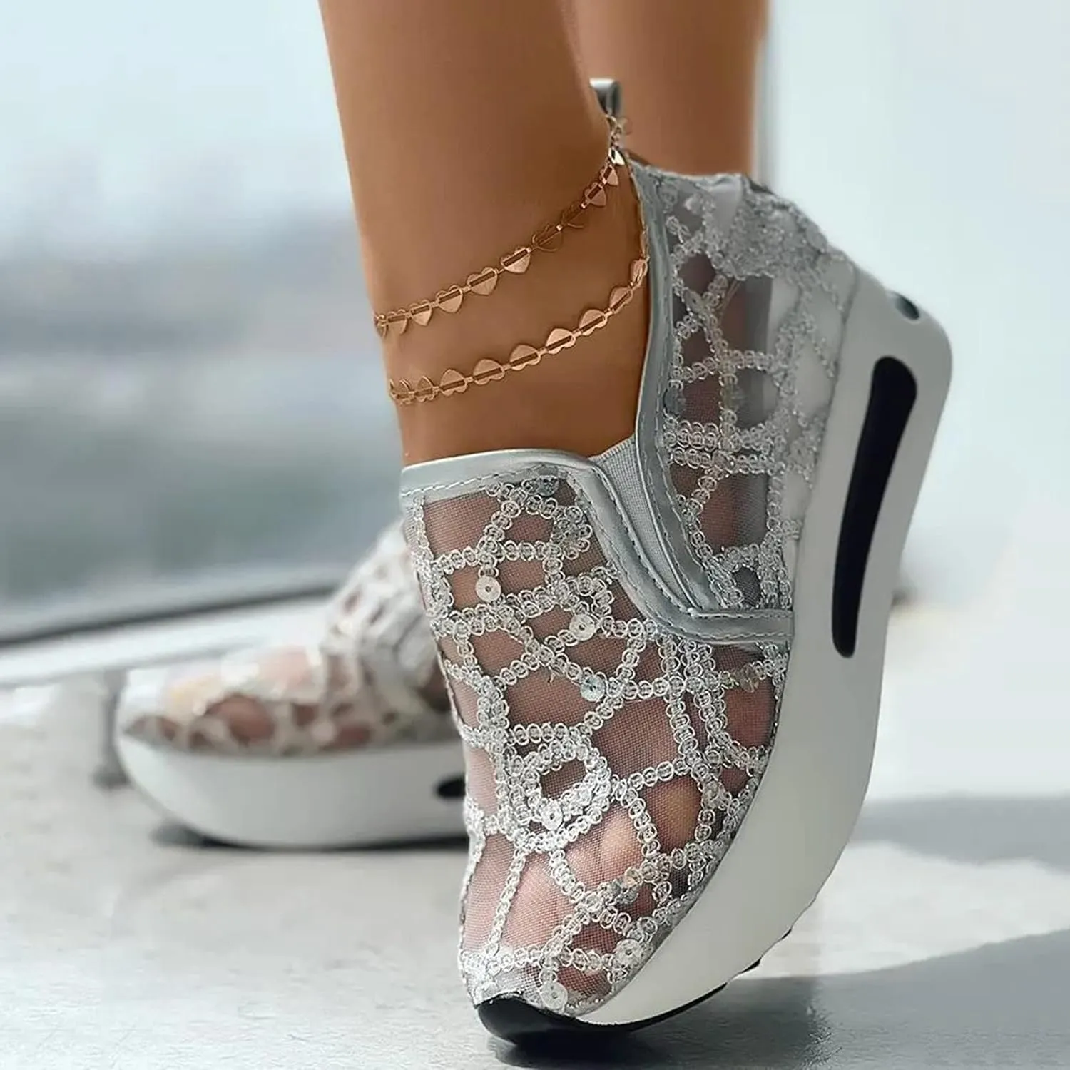 Summer Womens Sneakers Dressy Platform Wedge Sneakers Breathable Floral Embroidery Sheer Mesh Lace Sneaker Fashion Slip On Orthopedic Shoes with Arch Support Casual Walking Shoes