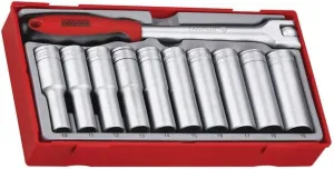 Teng Tools 11 Piece 1/2 Drive Metric 12 Point Deep Socket Set Tool Tray (10mm - 19mm) - TT1211, Silver