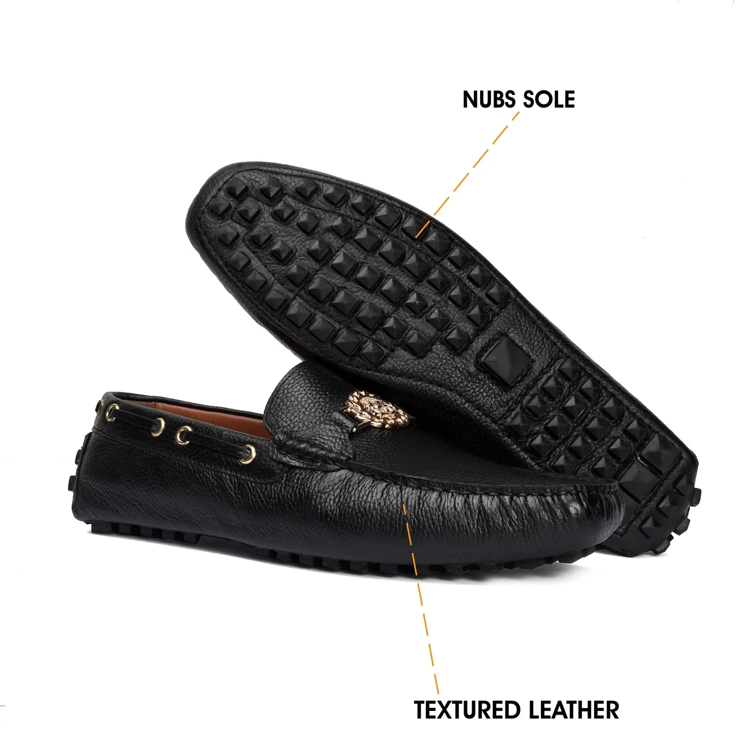 Textured Leather Nubs Driver Sole Loafer in Black Color
