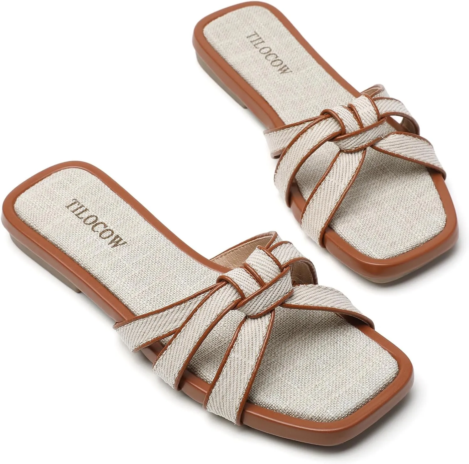 Tilocow Women Flat Sandals Slip On Comfortable Square Open Toe Slides Vacation Shoes