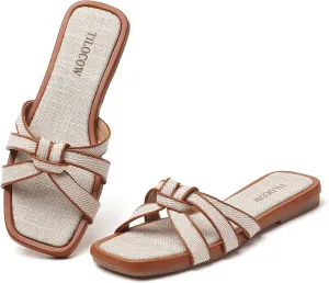 Tilocow Women Flat Sandals Slip On Comfortable Square Open Toe Slides Vacation Shoes