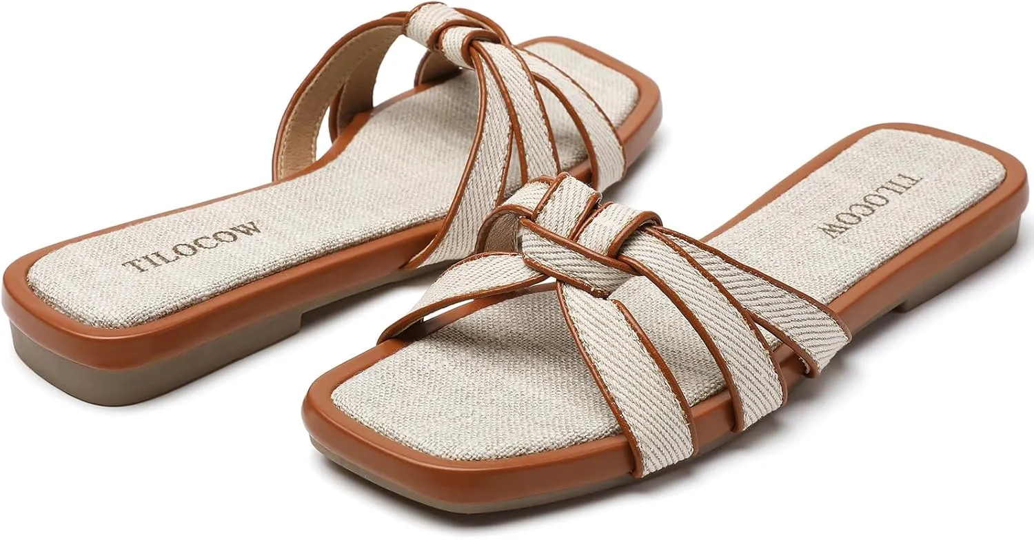 Tilocow Women Flat Sandals Slip On Comfortable Square Open Toe Slides Vacation Shoes