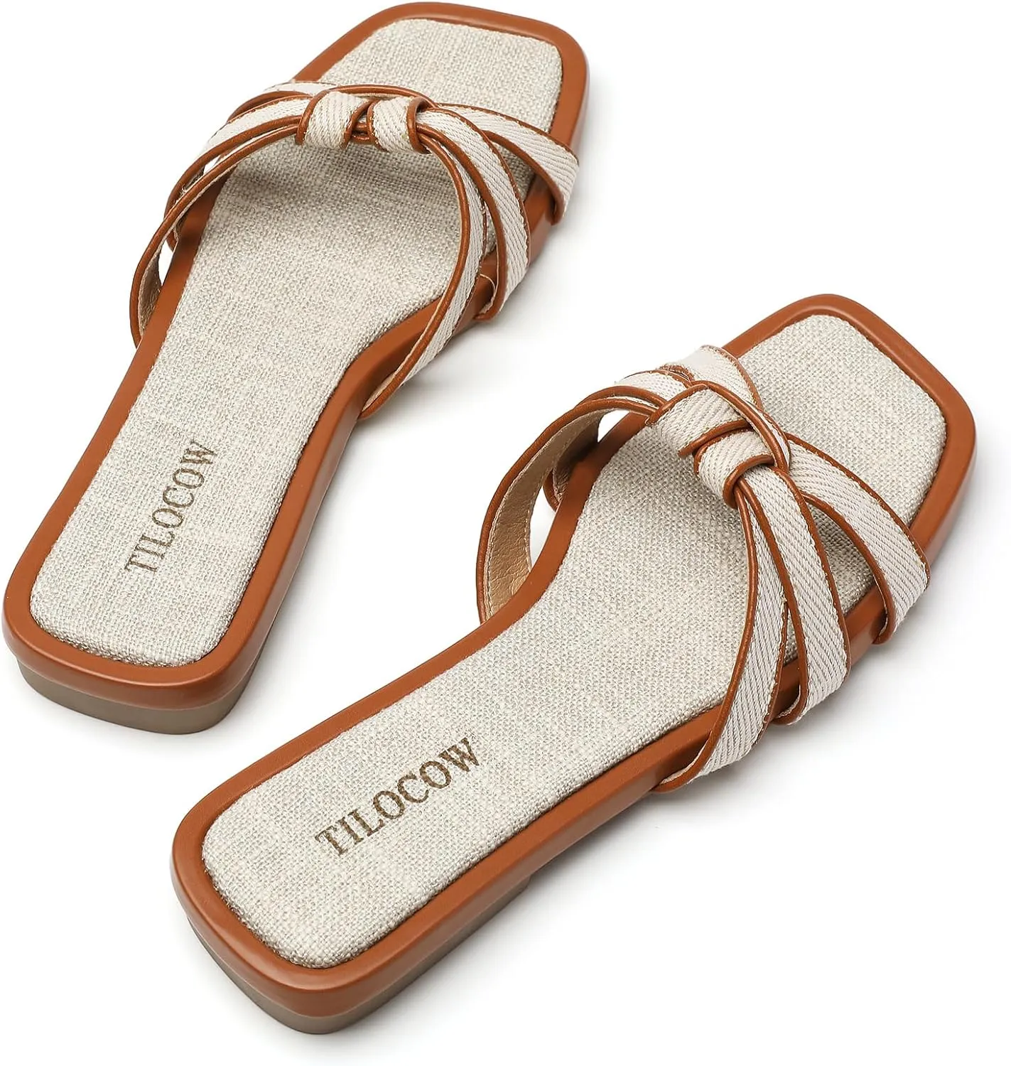 Tilocow Women Flat Sandals Slip On Comfortable Square Open Toe Slides Vacation Shoes