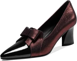 TinaCus Women's Handmade Leather Glossy Pointed Toe Mid Heel Slip On Loafer Pumps with Cute Bowtie