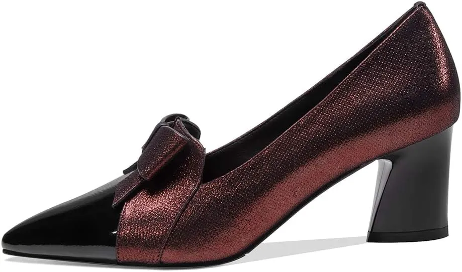 TinaCus Women's Handmade Leather Glossy Pointed Toe Mid Heel Slip On Loafer Pumps with Cute Bowtie