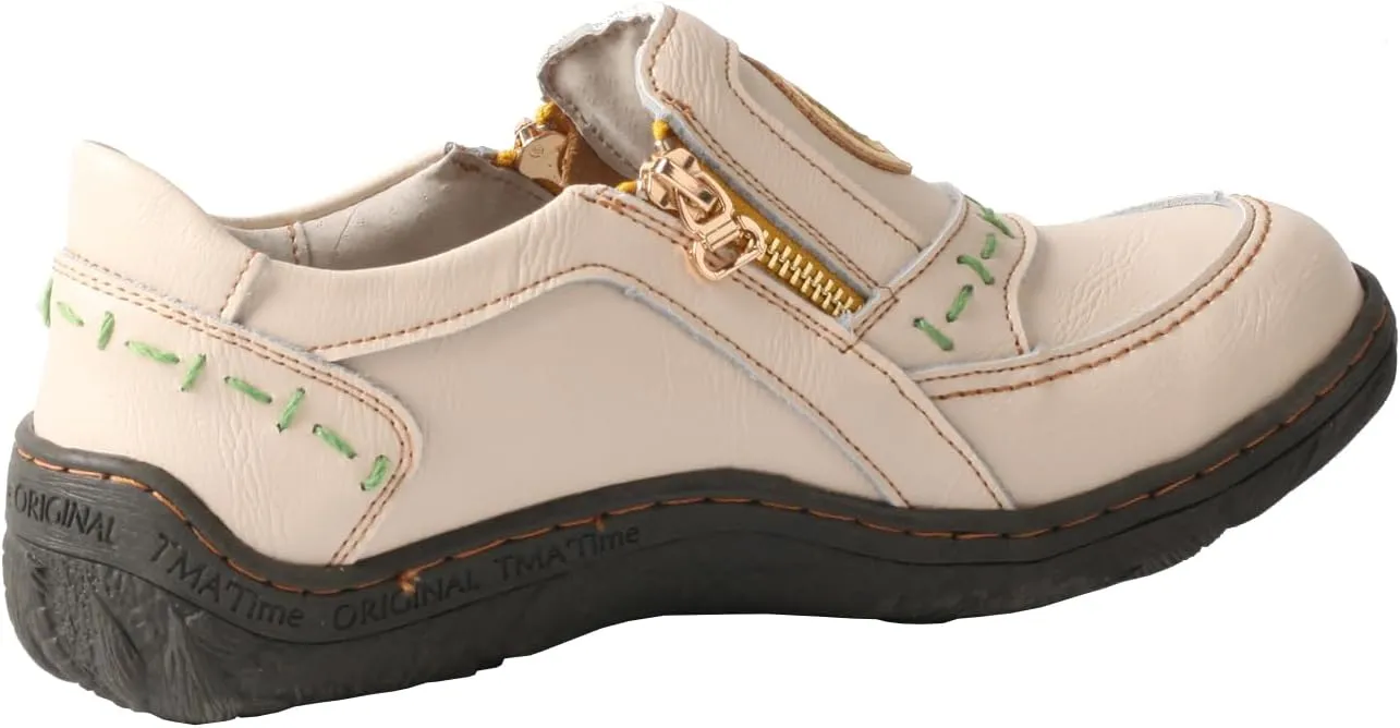 TMA EYES Women's Non-Slip Leather Casual Slip On Comfort Walking Flat Shoes