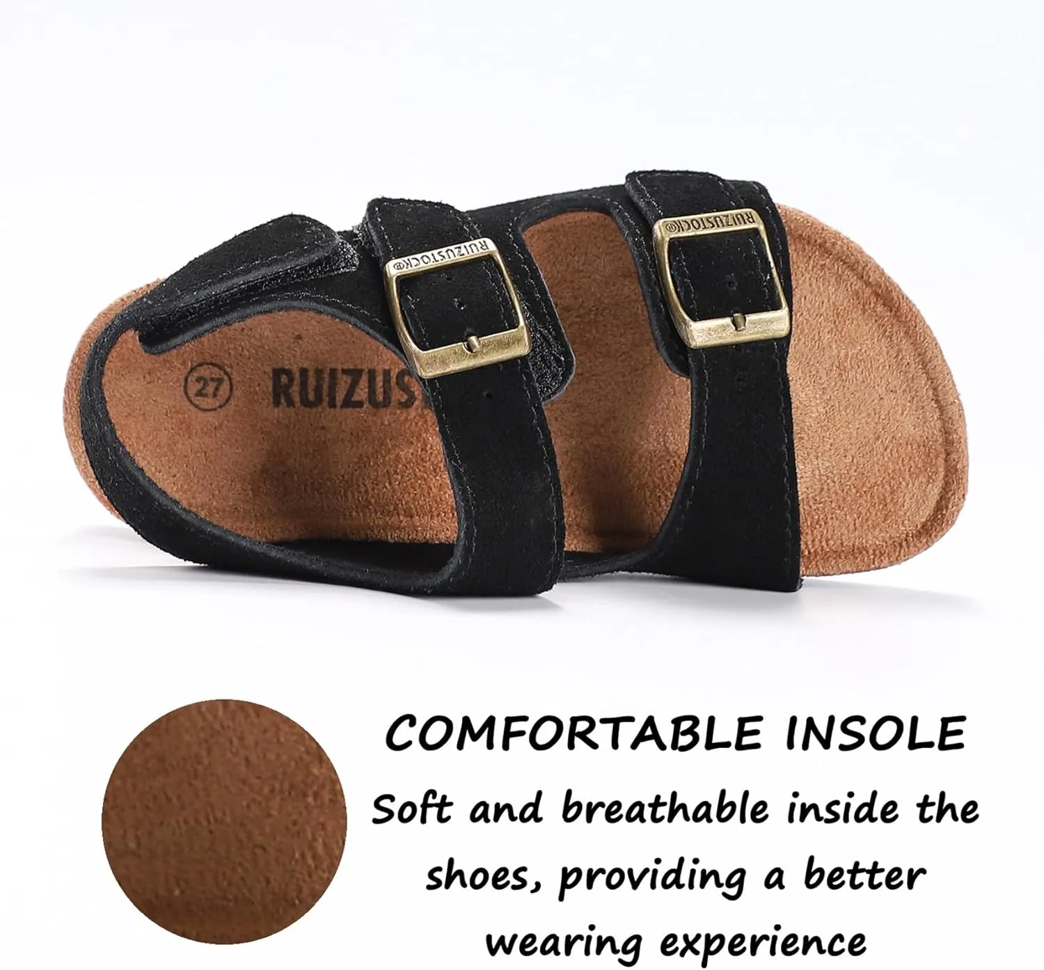 Toddler Sandals Boys Girls Cork Footbed Sandals Kids Adjustable Back Strap Slippers Double Buckle Slide Beach Shoes for Indoor Outdoor