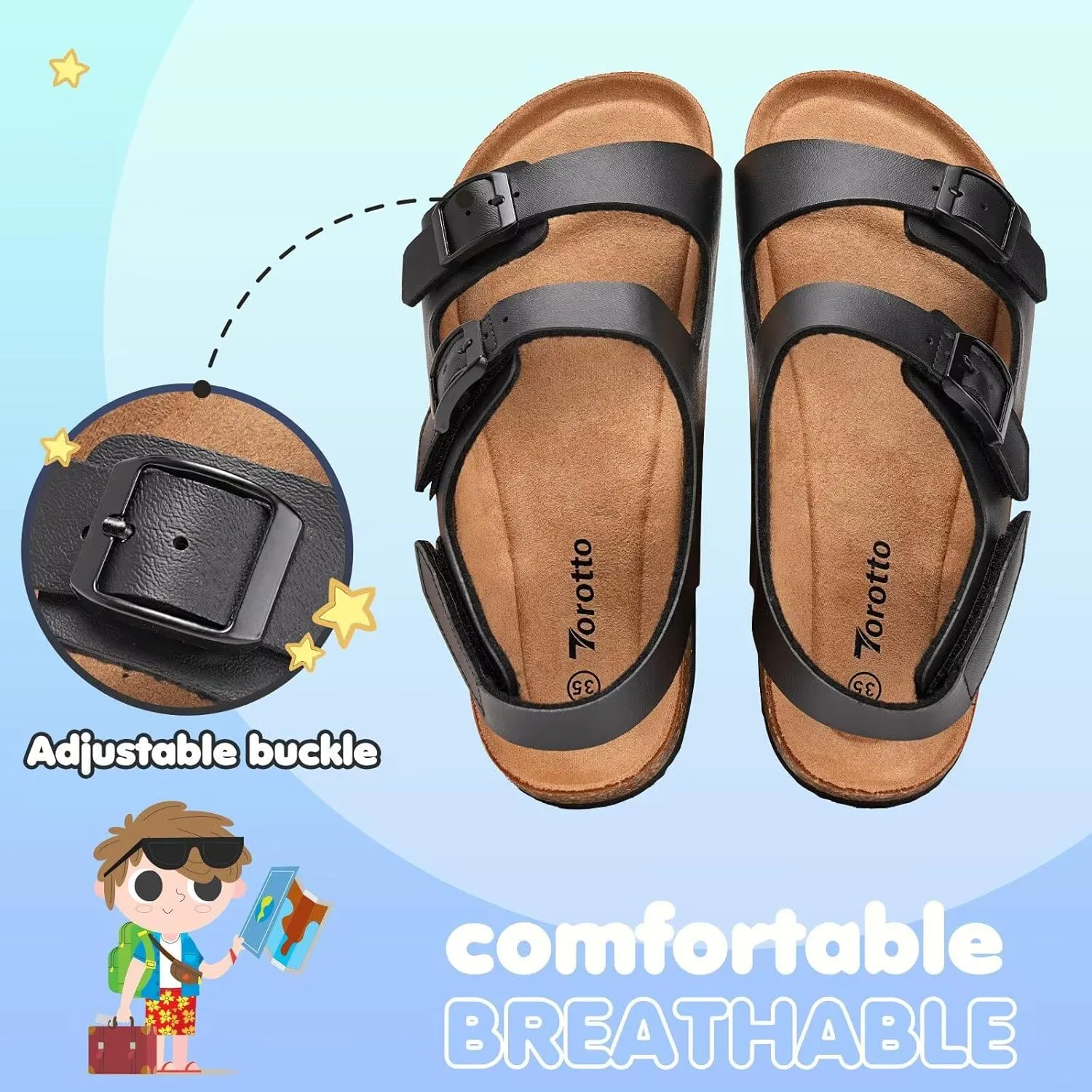 Torotto Girls Boys Sandals with Cork Footbed Adjustable Buckle Casual Slides Sandals Open Toes Flat for Kids Toddler