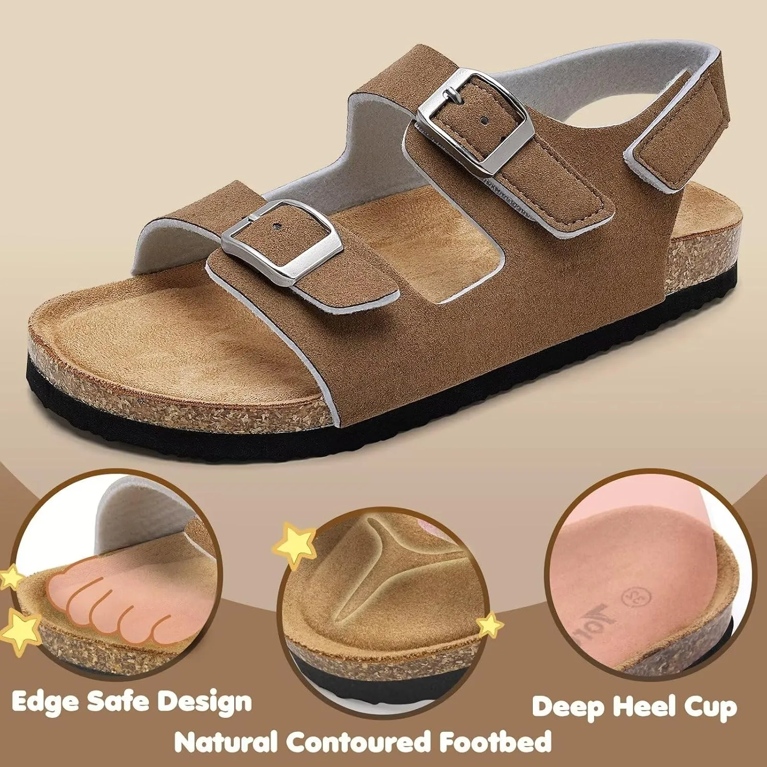 Torotto Girls Boys Sandals with Cork Footbed Adjustable Buckle Casual Slides Sandals Open Toes Flat for Kids Toddler
