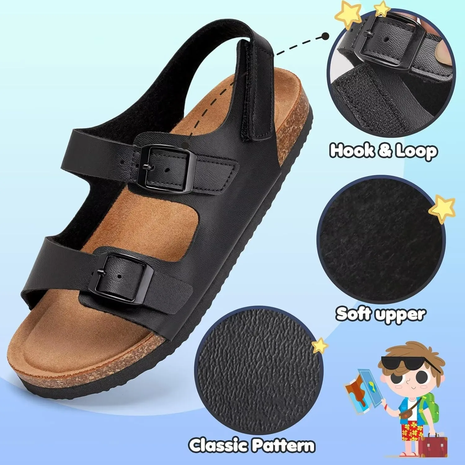 Torotto Girls Boys Sandals with Cork Footbed Adjustable Buckle Casual Slides Sandals Open Toes Flat for Kids Toddler