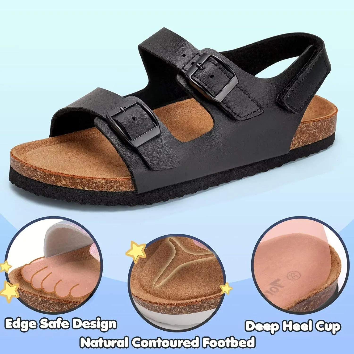 Torotto Girls Boys Sandals with Cork Footbed Adjustable Buckle Casual Slides Sandals Open Toes Flat for Kids Toddler