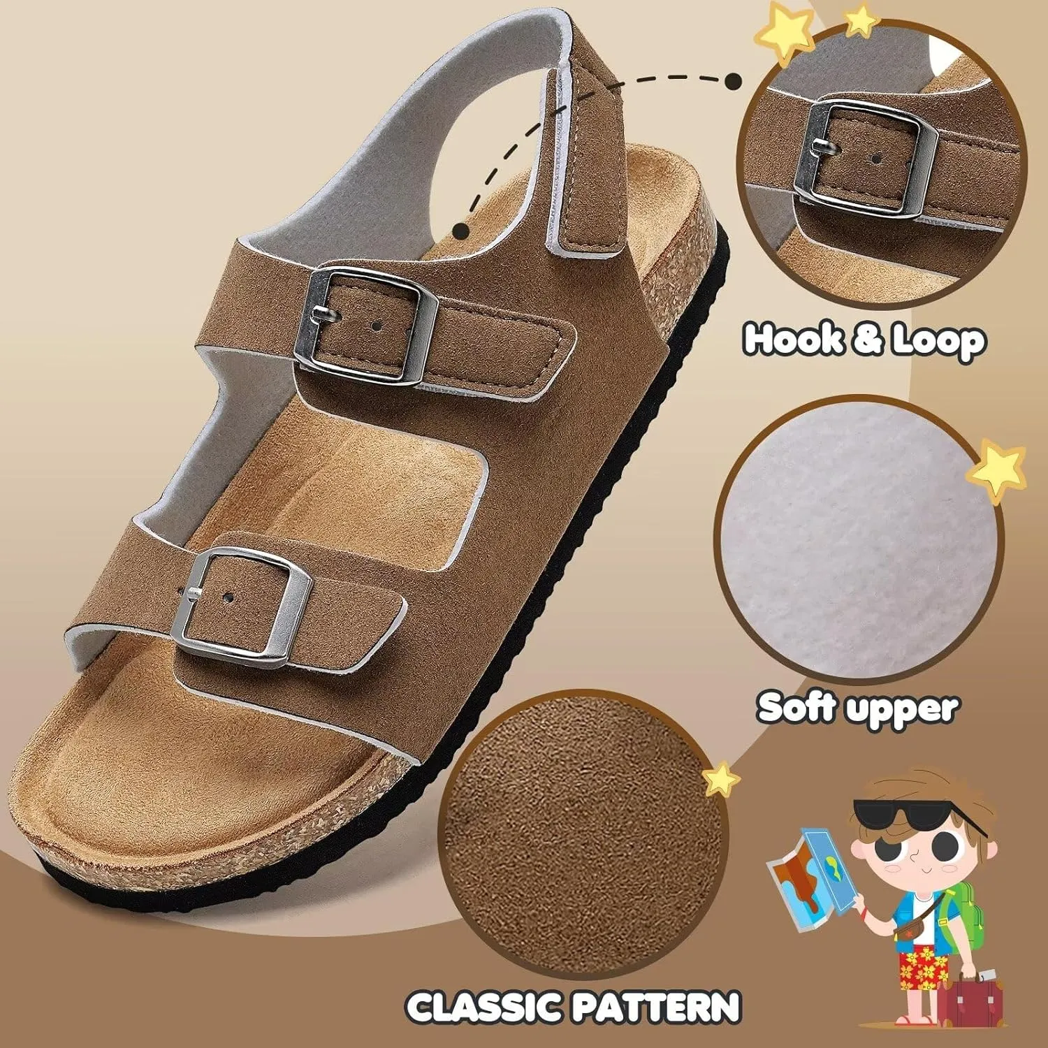 Torotto Girls Boys Sandals with Cork Footbed Adjustable Buckle Casual Slides Sandals Open Toes Flat for Kids Toddler