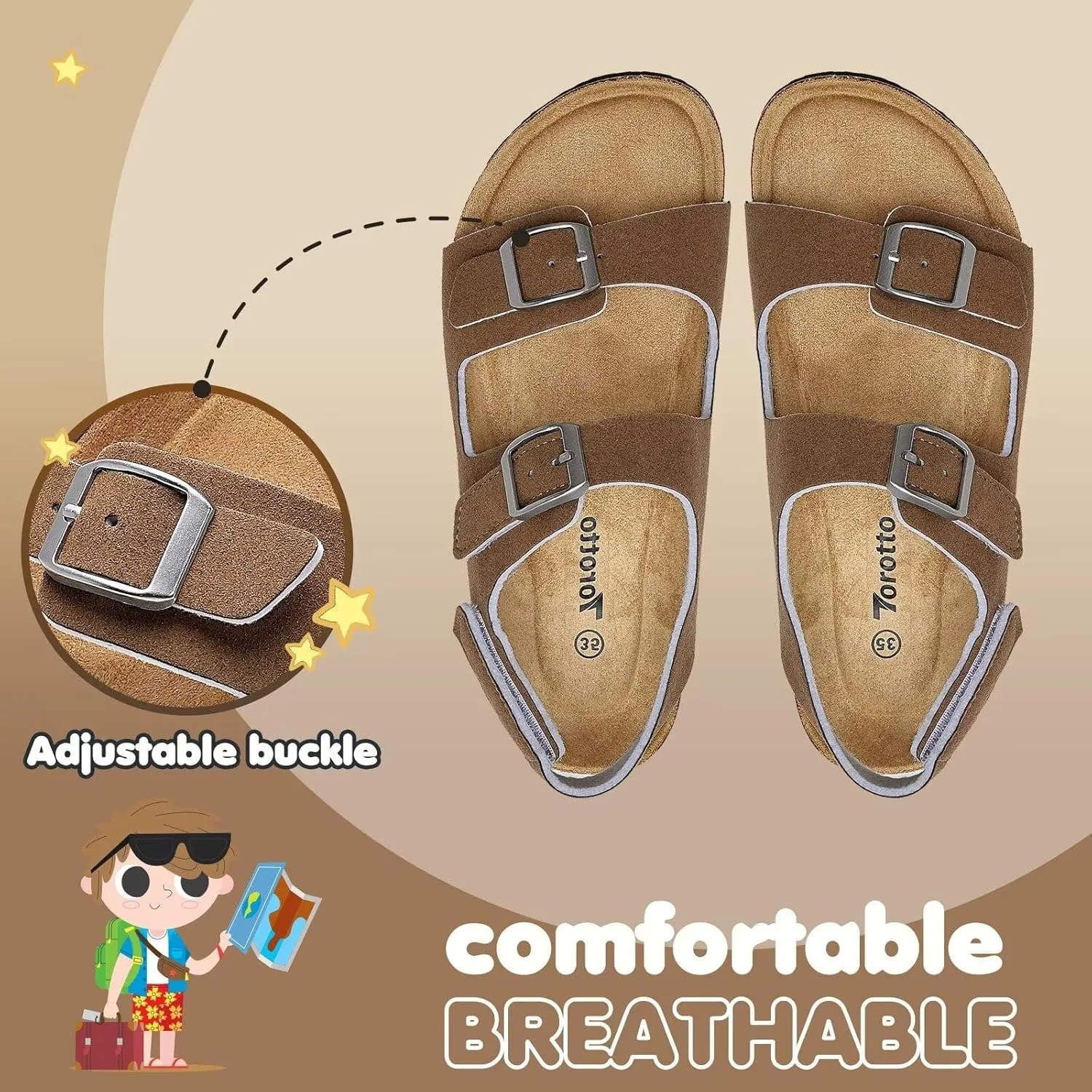 Torotto Girls Boys Sandals with Cork Footbed Adjustable Buckle Casual Slides Sandals Open Toes Flat for Kids Toddler