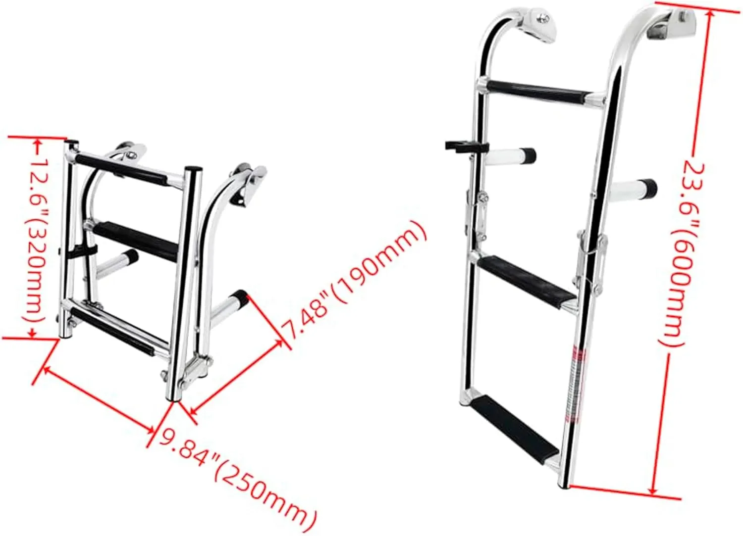 Transom Folding Boat Ladder - 10" Wide Stainless Steel Steps for Marine Boats & Yachts