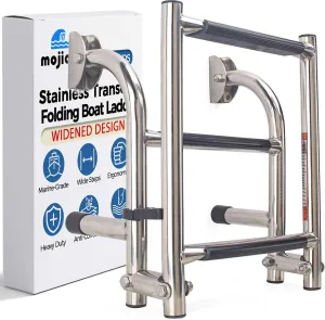 Transom Folding Boat Ladder - 10" Wide Stainless Steel Steps for Marine Boats & Yachts