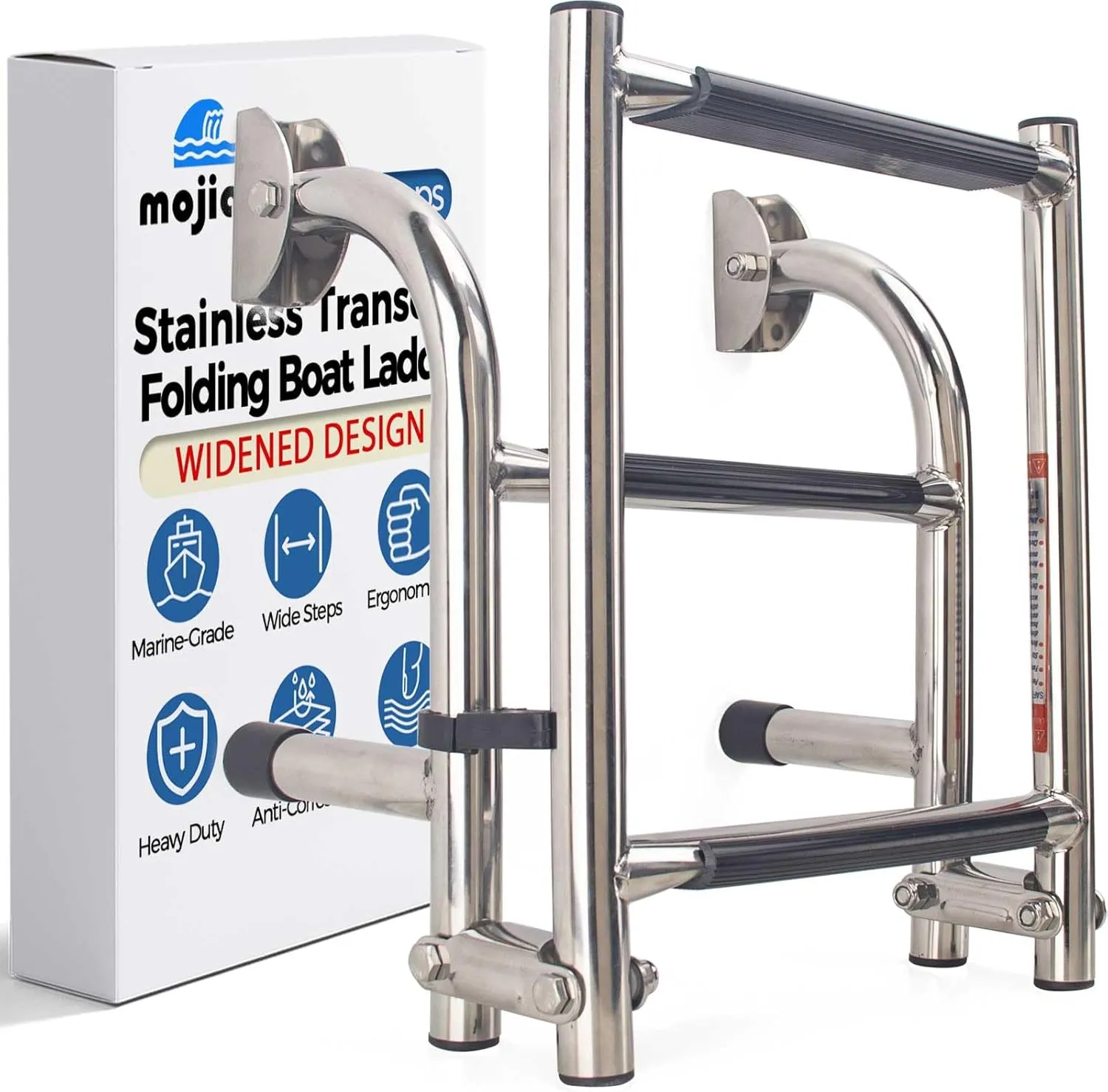 Transom Folding Boat Ladder - 10" Wide Stainless Steel Steps for Marine Boats & Yachts