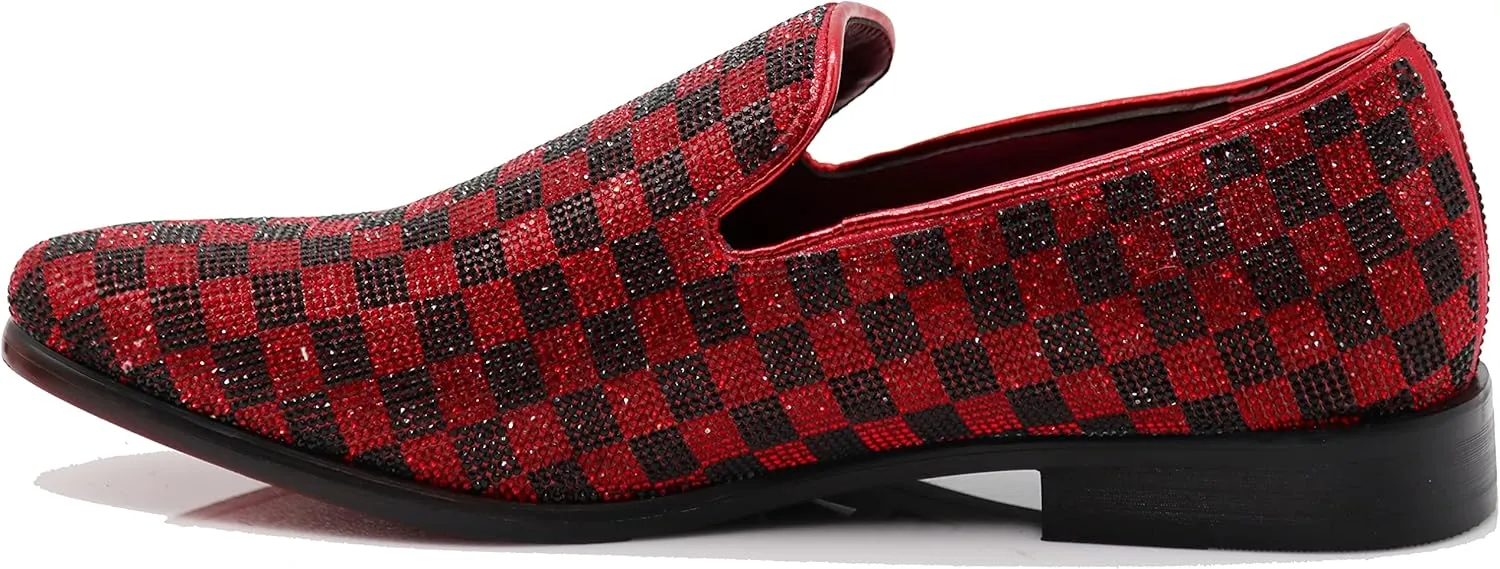 TRS Men Rhinestone Round Toe Suede Chrome Heels Dress Loafer Slip On Fashion Shoes