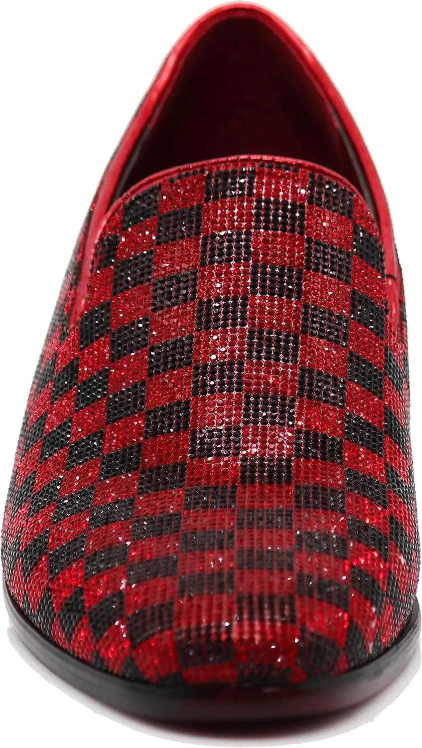 TRS Men Rhinestone Round Toe Suede Chrome Heels Dress Loafer Slip On Fashion Shoes