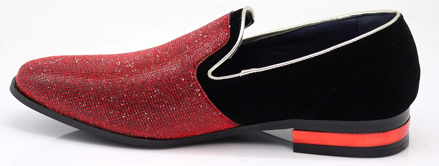 TRS Men Rhinestone Round Toe Suede Chrome Heels Dress Loafer Slip On Fashion Shoes