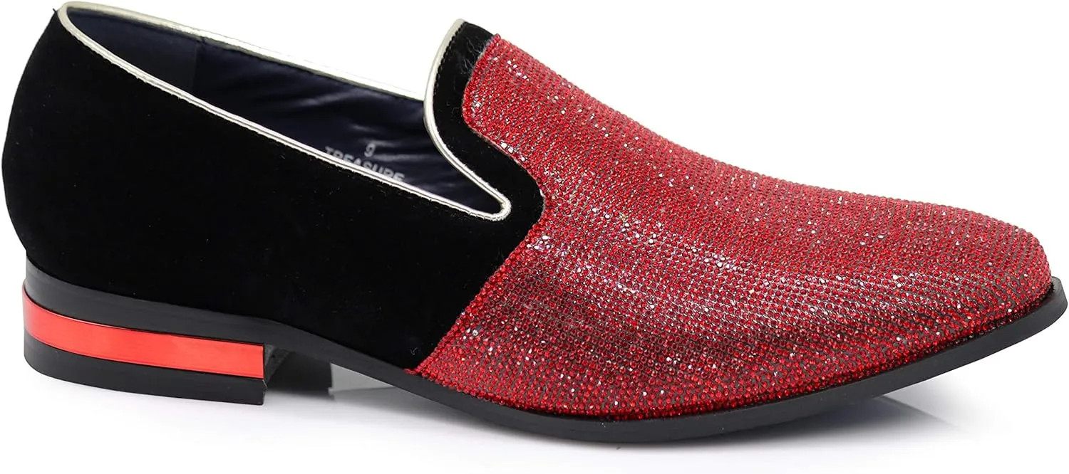 TRS Men Rhinestone Round Toe Suede Chrome Heels Dress Loafer Slip On Fashion Shoes