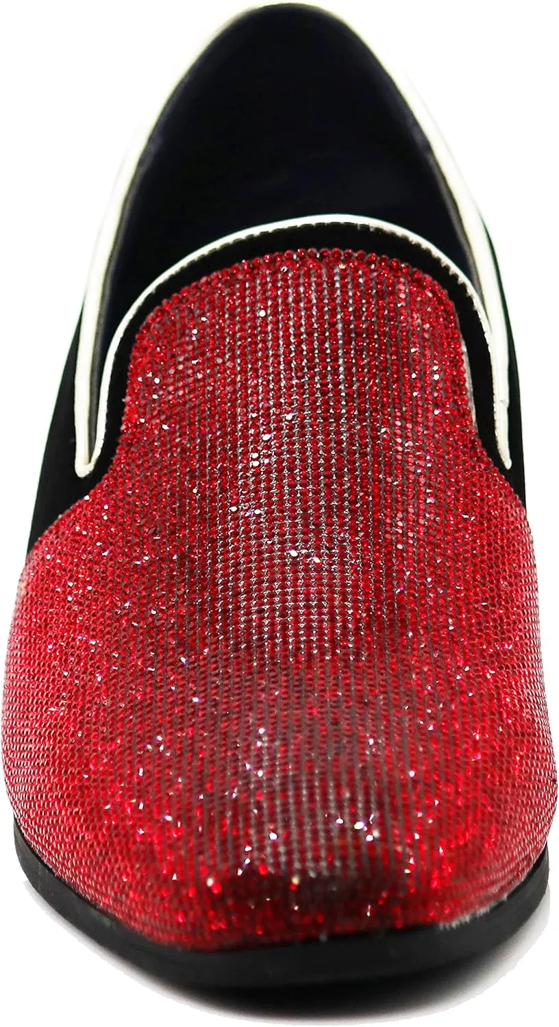 TRS Men Rhinestone Round Toe Suede Chrome Heels Dress Loafer Slip On Fashion Shoes