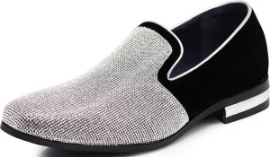 TRS Men Rhinestone Round Toe Suede Chrome Heels Dress Loafer Slip On Fashion Shoes