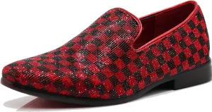 TRS Men Rhinestone Round Toe Suede Chrome Heels Dress Loafer Slip On Fashion Shoes