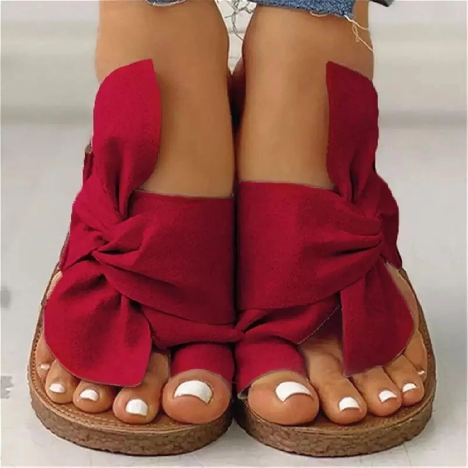 Twist Knot Flat Toe Loop Sandals for Womens Ladies Bowknot Toe Ring Gladiator Flat Slides Summer Embroidery Platform Classic Anti Slip Rome Beach Shoes
