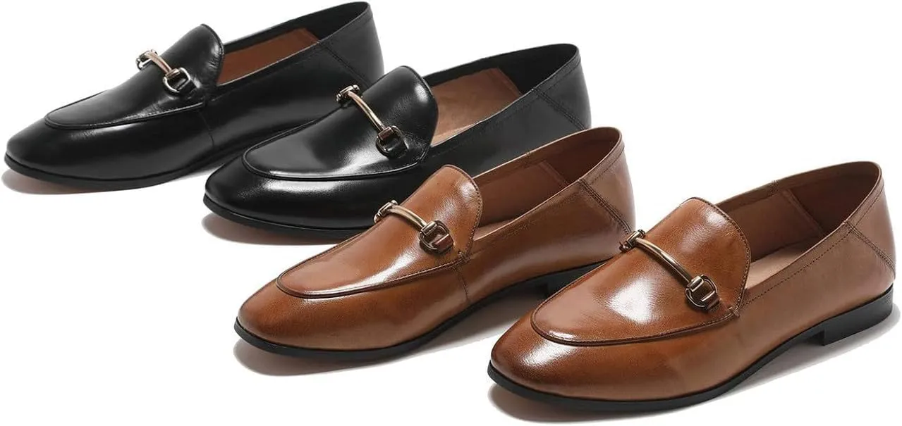 U-lite Women's Cow Leather Slip On Loafers Metal Decoration Flat Mules
