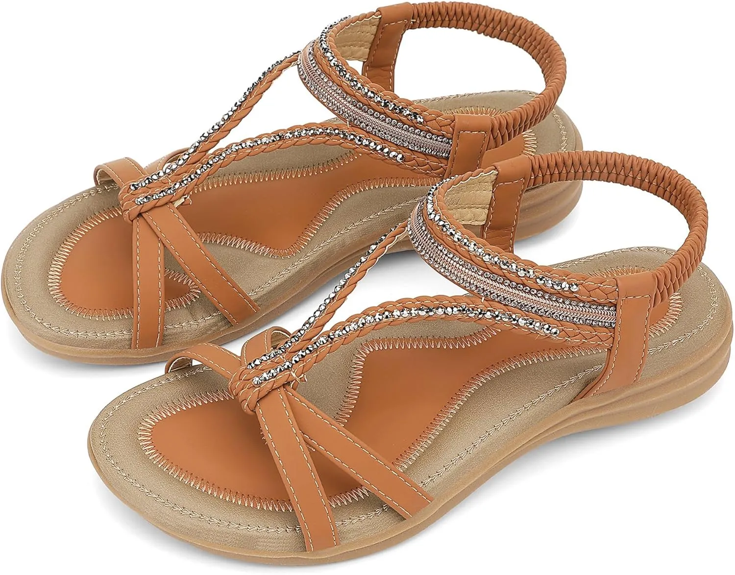 UBFEN Womens Bohemian Flat Sandals With Back Strap Summer Beach Comfortable Bling