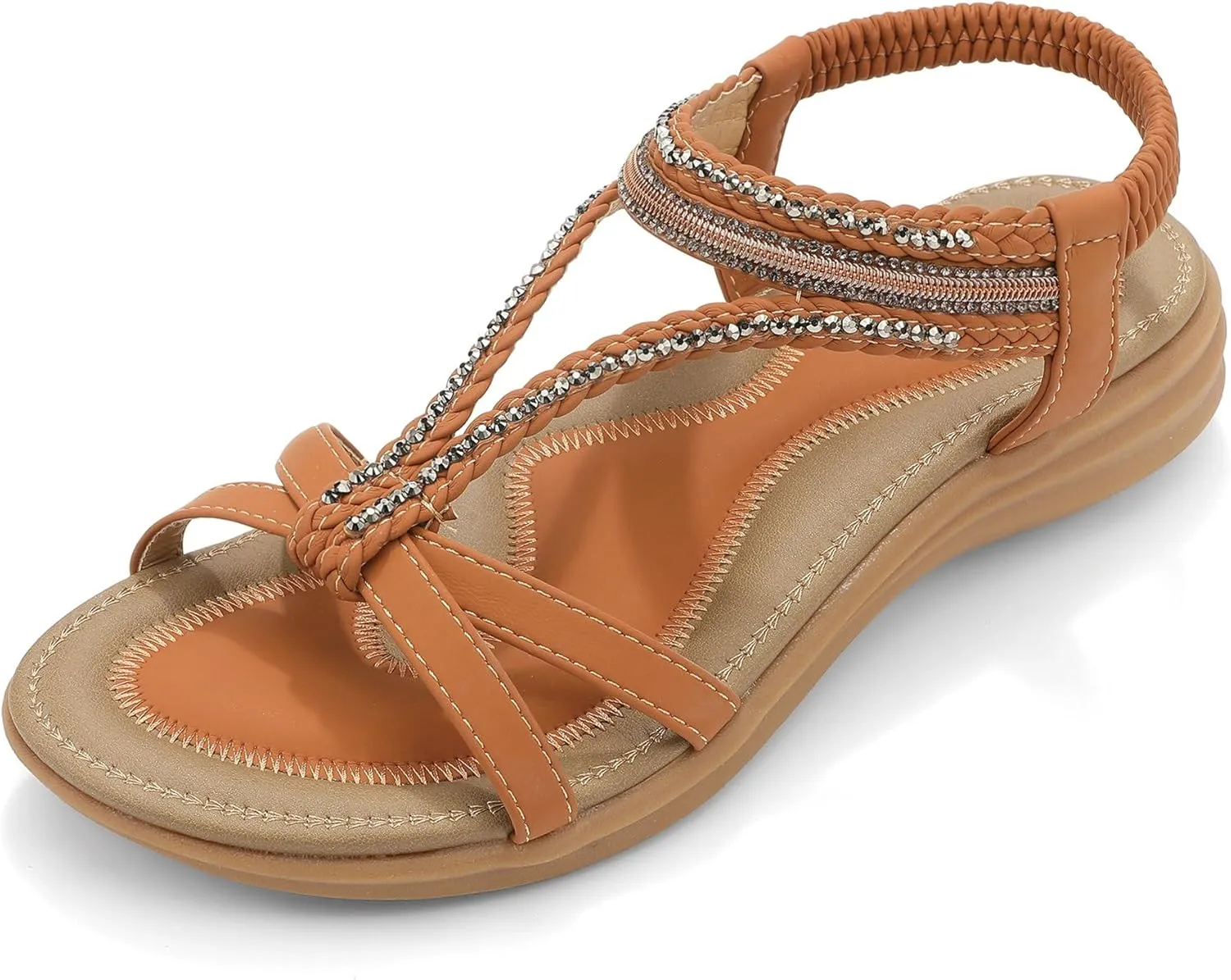 UBFEN Womens Bohemian Flat Sandals With Back Strap Summer Beach Comfortable Bling