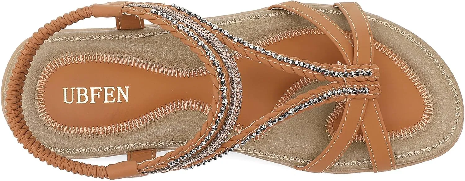 UBFEN Womens Bohemian Flat Sandals With Back Strap Summer Beach Comfortable Bling