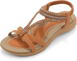UBFEN Womens Bohemian Flat Sandals With Back Strap Summer Beach Comfortable Bling