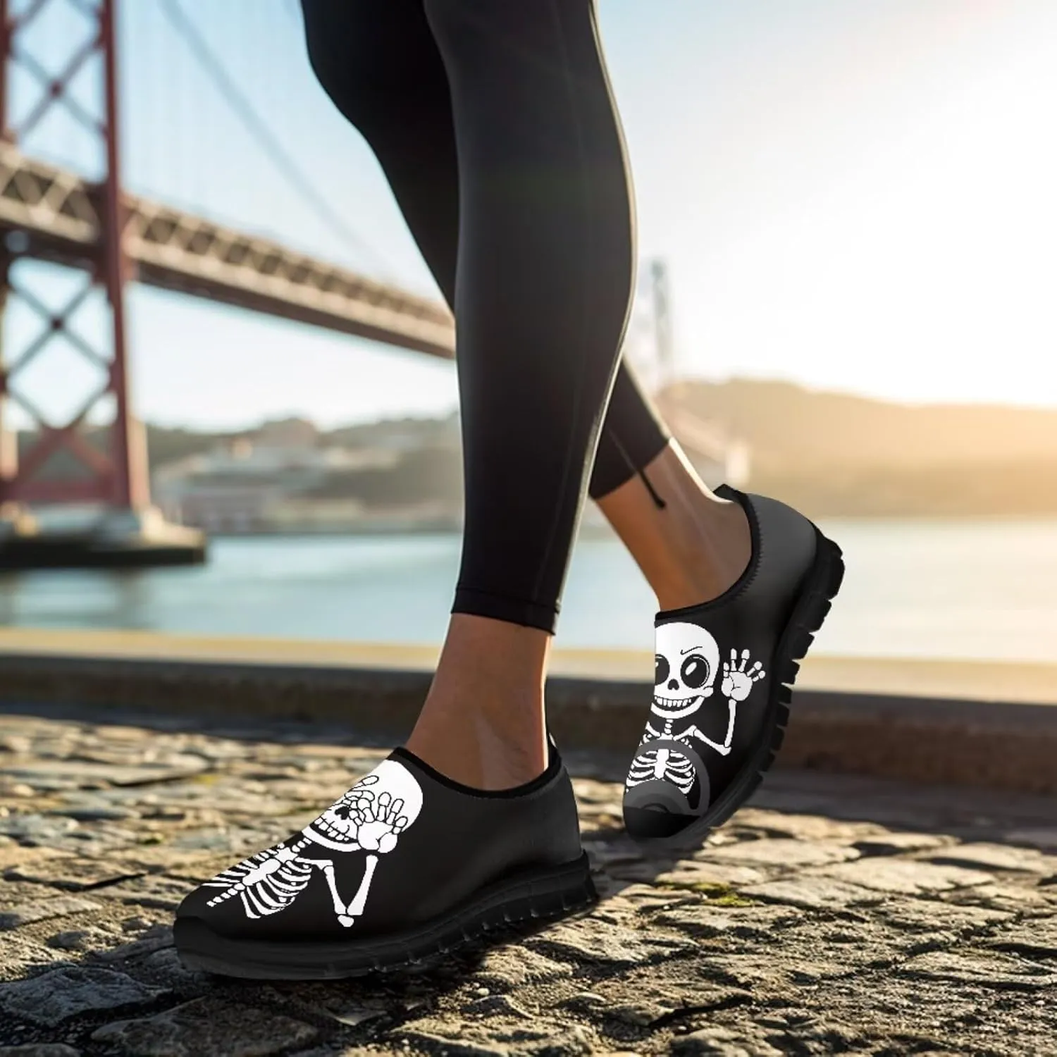 UNICEU Skull Print Slip On Shoes for Women Casual Breathable Low Top Sneakers Non-Slip Lightweight Walking Footwear
