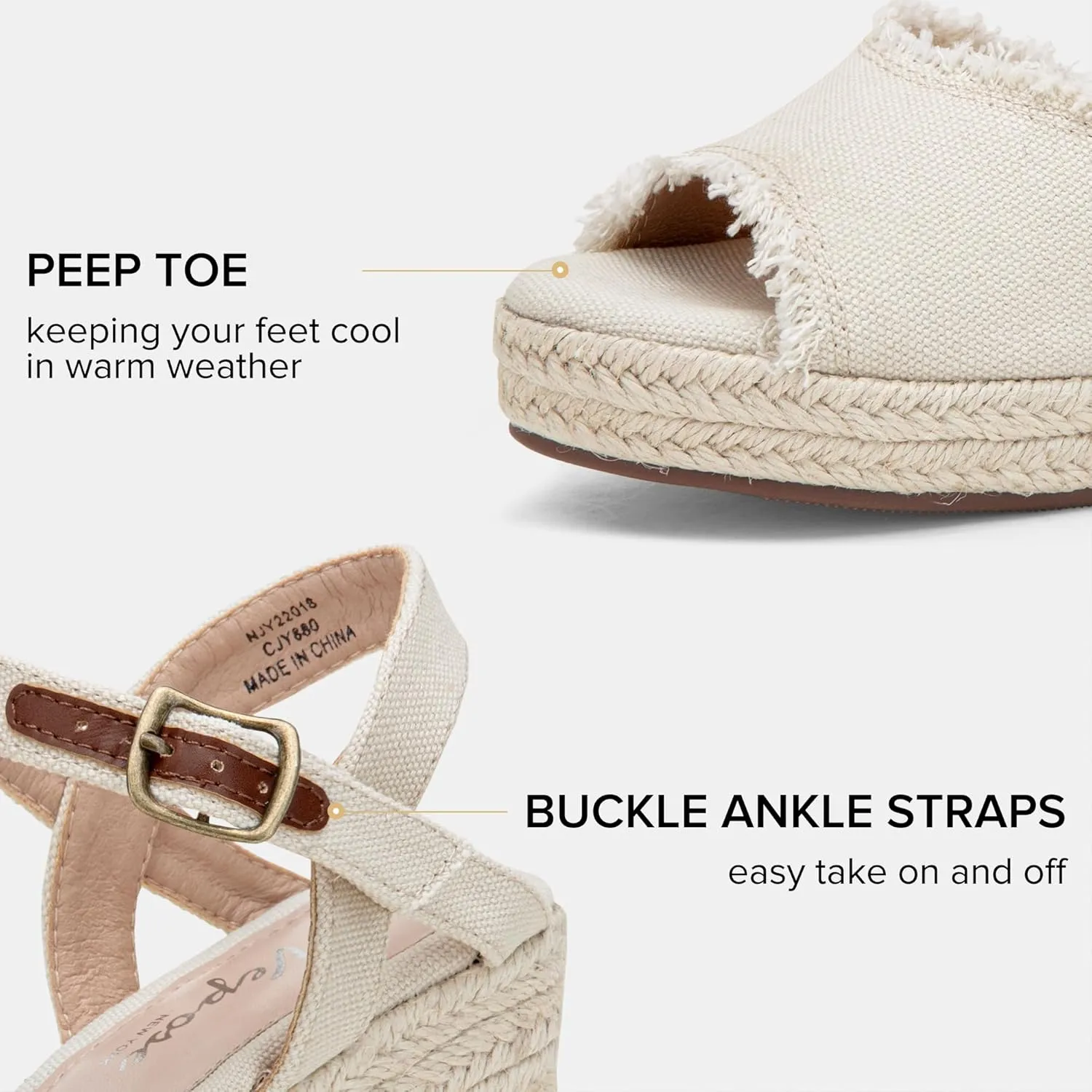 Vepose Women's 880 Wedge Sandals Peep Toe, 3.3" Inch High Heel Platform Espadrilles Sandals with Ankle Buckle