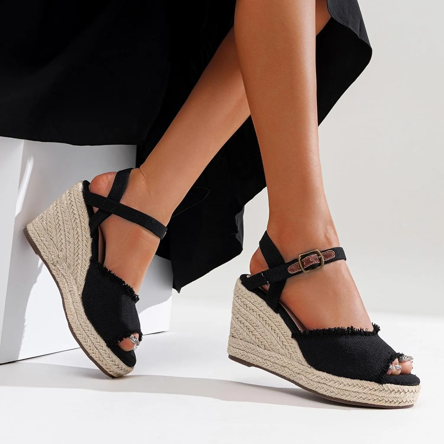 Vepose Women's 880 Wedge Sandals Peep Toe, 3.3" Inch High Heel Platform Espadrilles Sandals with Ankle Buckle