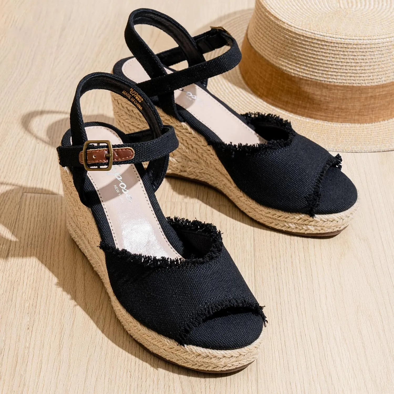 Vepose Women's 880 Wedge Sandals Peep Toe, 3.3" Inch High Heel Platform Espadrilles Sandals with Ankle Buckle