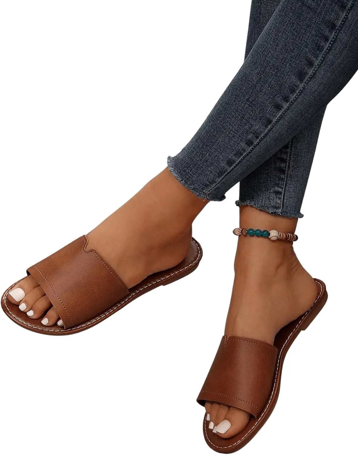 Verdusa Women's Casual Slip on Slides Open Toe Cut Out Beach Flat Sandals