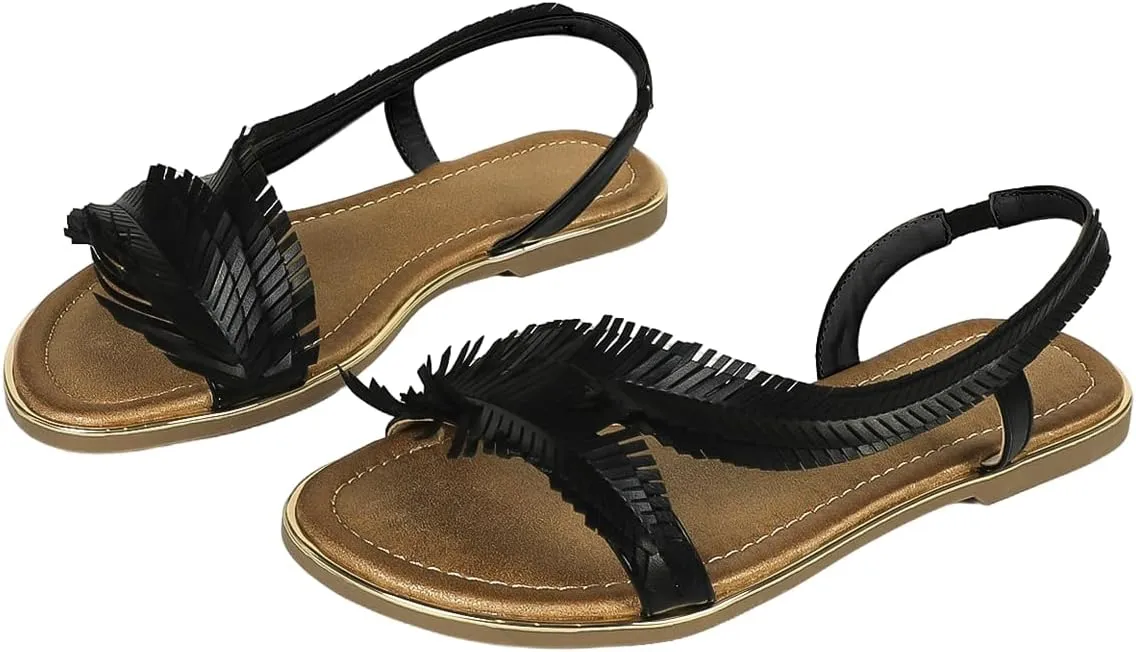 Verdusa Women's Fringe Decor Flat Sandals Slip Open Toe Leather Slippers Slip on Slides