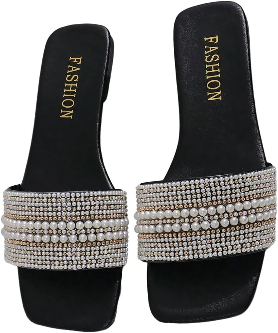Verdusa Women's Pearl Decor Flat Sandals Slip Open Toe Leather Slippers Slip on Slides