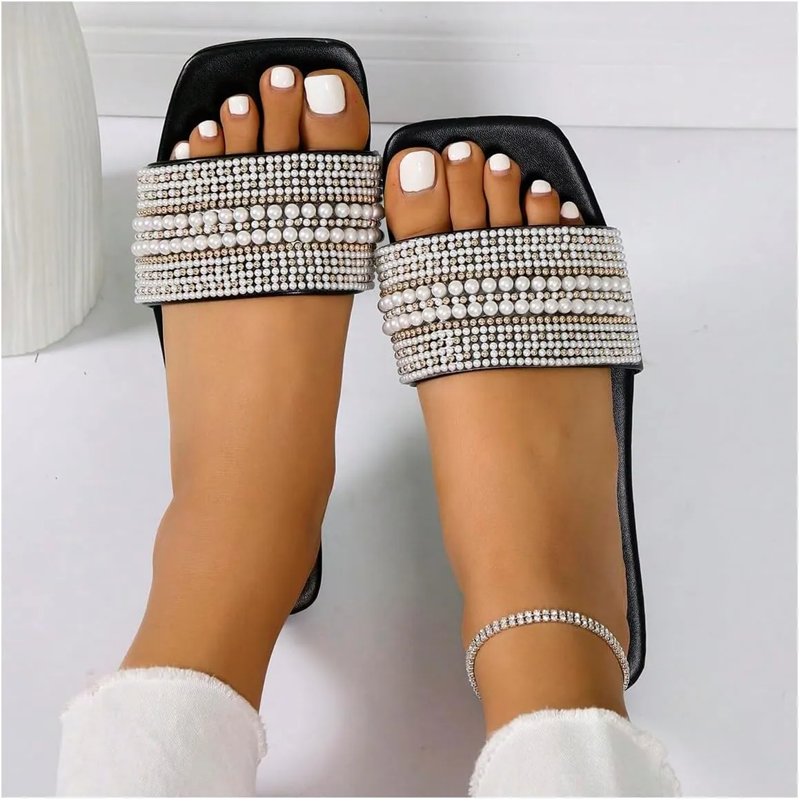 Verdusa Women's Pearl Decor Flat Sandals Slip Open Toe Leather Slippers Slip on Slides