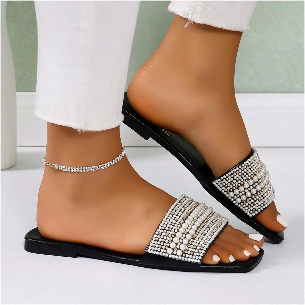 Verdusa Women's Pearl Decor Flat Sandals Slip Open Toe Leather Slippers Slip on Slides