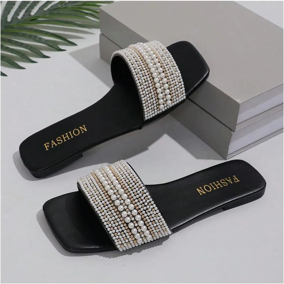Verdusa Women's Pearl Decor Flat Sandals Slip Open Toe Leather Slippers Slip on Slides