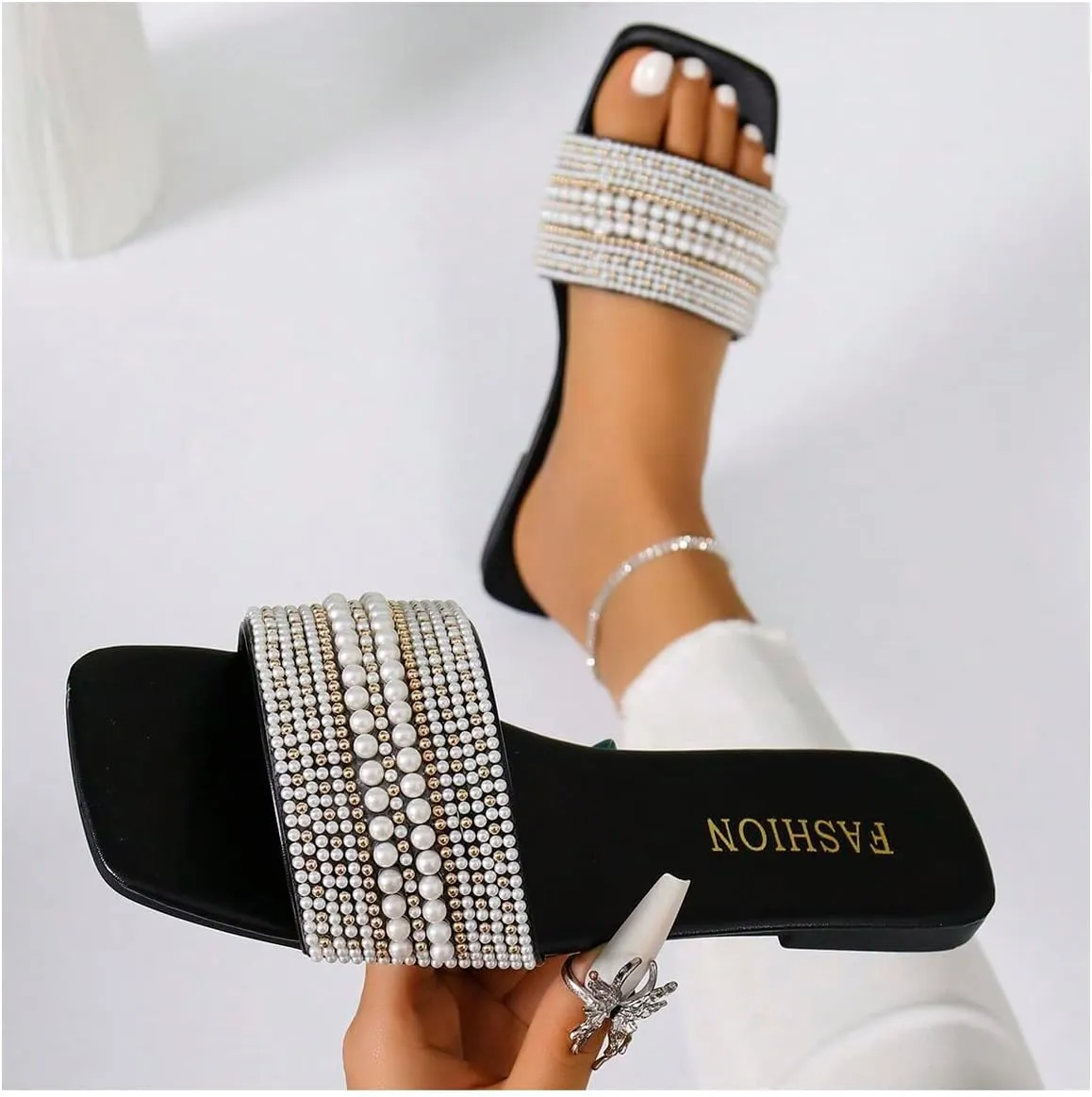 Verdusa Women's Pearl Decor Flat Sandals Slip Open Toe Leather Slippers Slip on Slides