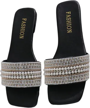 Verdusa Women's Pearl Decor Flat Sandals Slip Open Toe Leather Slippers Slip on Slides